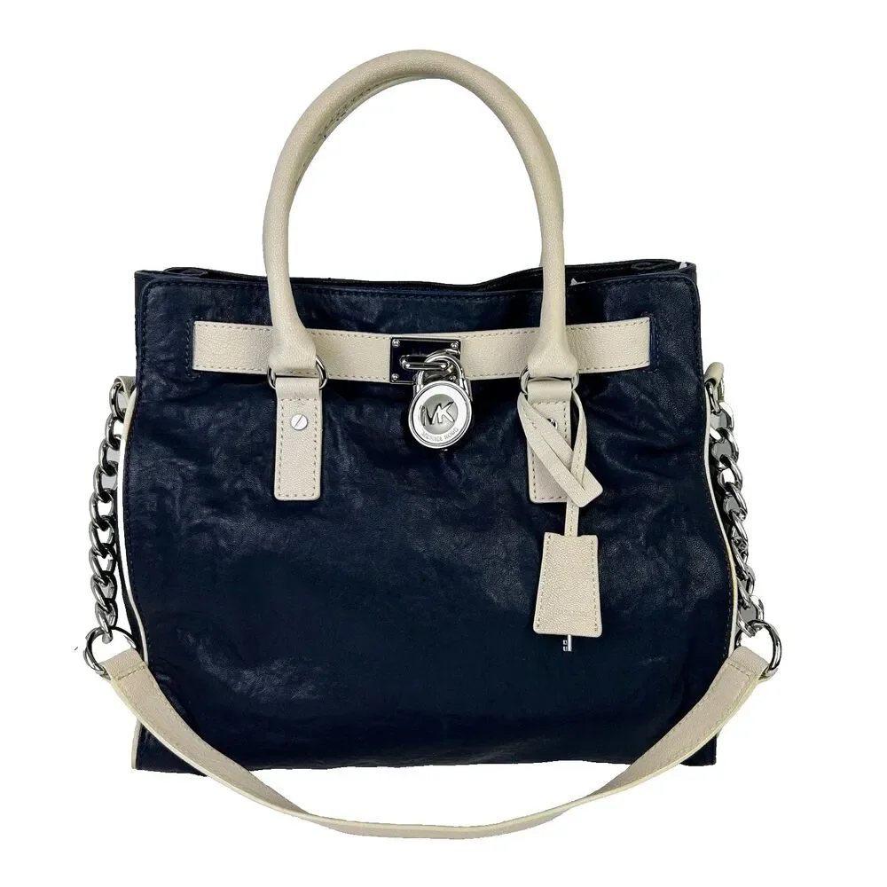 Michael Kors Hamilton East West Tote Shoulder Bag Navy Cream Leather Lock & Key